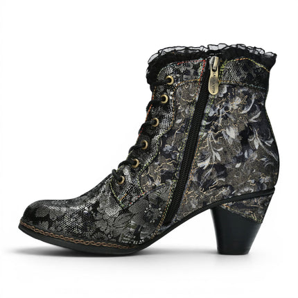 Laura Vita Women's Floral Goth Victorian Black Leather Heeled Ankle Boots - Alcizeeo-190