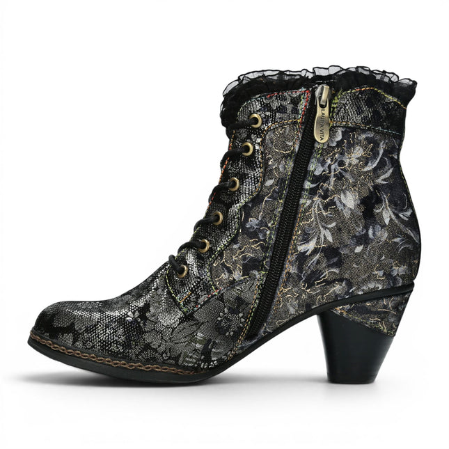 Laura Vita Women's Floral Goth Victorian Black Leather Heeled Ankle Boots - Alcizeeo-190