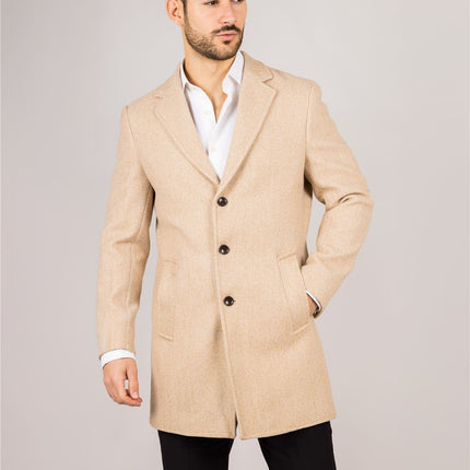 Men's Notched Lapel Collar Wool Blend Beige Overcoat
