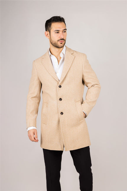 Men's Notched Lapel Collar Wool Blend Beige Overcoat