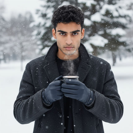 Men’s Navy Blue Italian Leather Warm Wool Lining Winter Knit Rib Gloves - M-LGV-105