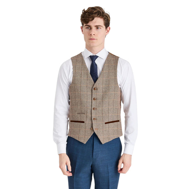 Mens Navy Suit with Brown Tweed Waistcoat Wedding Suit - Harris