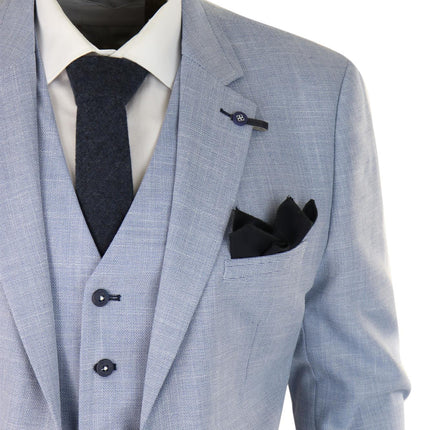 Mens 3 Piece Linen Suit Light Blue Summer Tailored Fit Wedding Prom Classic Suit