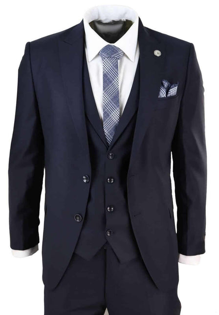 New Mens 3 Piece Suit Plain Navy Classic Tailored Fit Smart Casual 1920s Formal