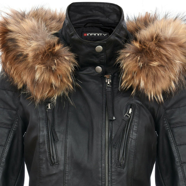 Womens Slim Fit Leather Hooded Parka Jacket-Northam