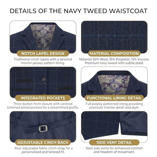 Women's Navy Tailored Fit Tweed Waistcoat Formal Vest - TPSTZ-7