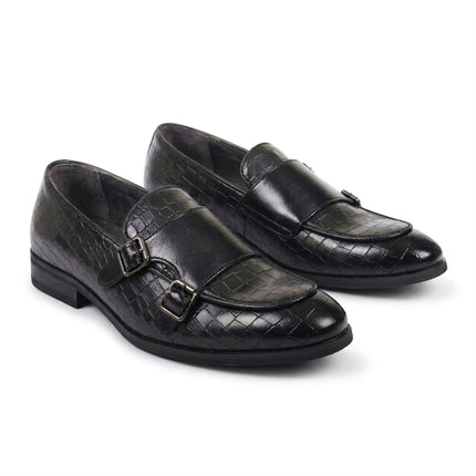 Men's Black Vegan Leather Double Monk Strap Loafer Shoes