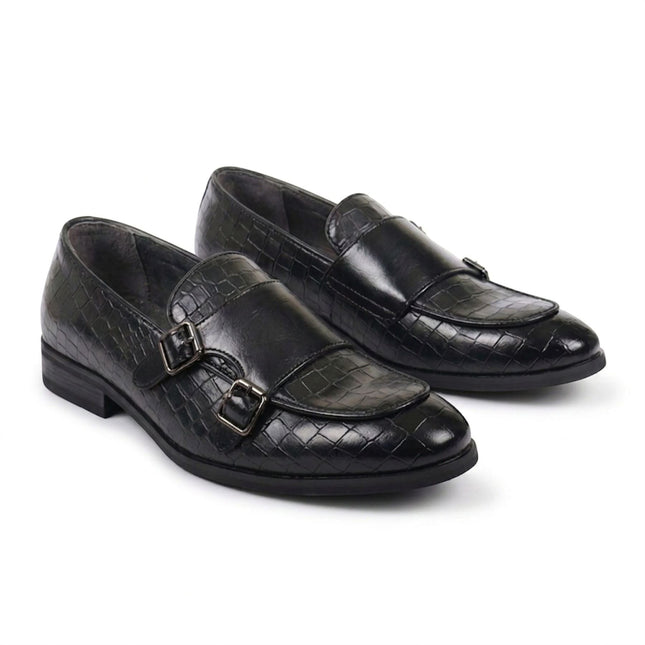 Men's Black Vegan Leather Double Monk Strap Loafer Shoes