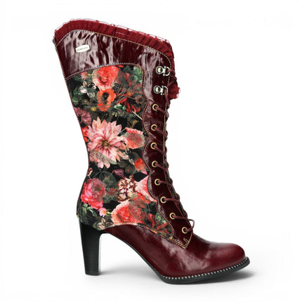 Laura Vita Floral Womens Goth Victorian Red Leather Heeled High Boots - Alcbane-351