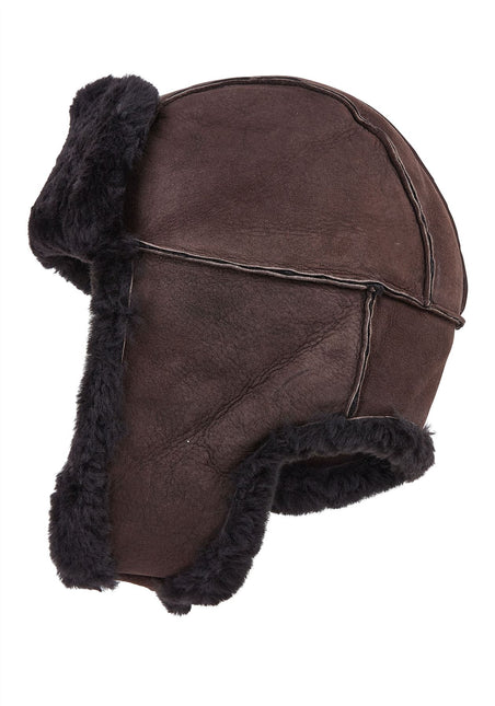 Mens Brown RAF Aviator Suede Sheepskin B-55 Trapper Hat Winter Warm Leather Navigator Hat