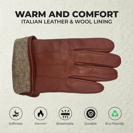Men’s Tan Brown Italian Leather Warm Wool Lining Winter Gloves - M-LGV-305