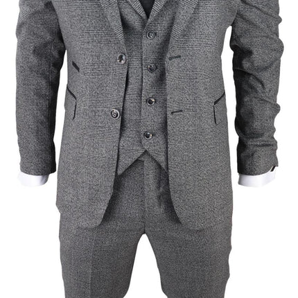 Mens Grey 3 Piece Suit Prince of Wales Check Classic Tailored Fit Wedding Suit