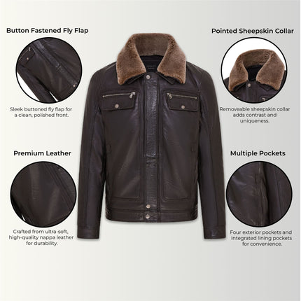 Mens Leather Jacket Trucker Removable Sheepskin Collar Casual Jacket