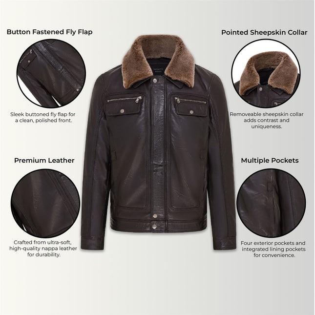 Mens Leather Jacket Trucker Removable Sheepskin Collar Casual Jacket