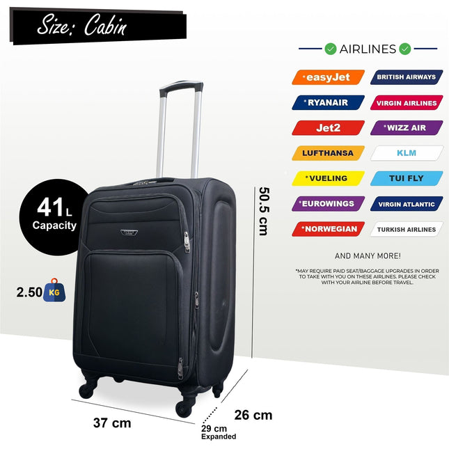 Expandable Soft Shell Cabin Suitcase 50.5 x 37 x 26 cm Luggage Suitable for Easyjet, Ryanair