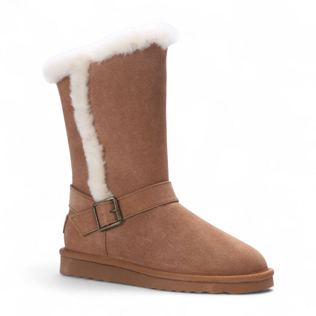 Women's Genuine Sheepskin Tan Brown Suede Calf Winter Warm Boots - Redwood