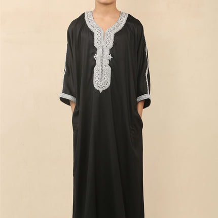Kid's Boys Black Moroccan Thobe Jubba Robe Eid Djellaba Gandoura