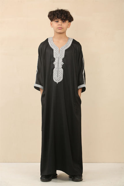 Kid's Boys Black Moroccan Thobe Jubba Robe Eid Djellaba Gandoura