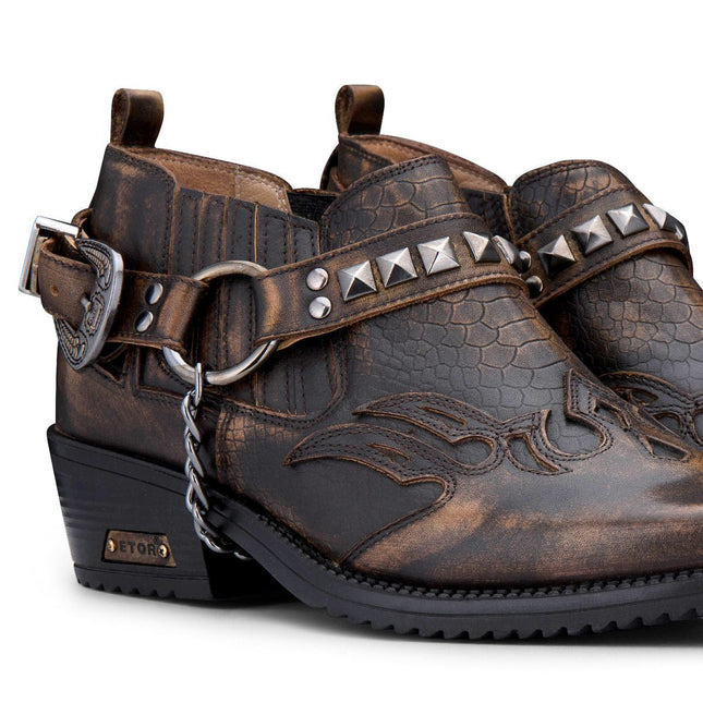 Men’S Brown Croc Leather Winklepicker Studded Western Biker Boots