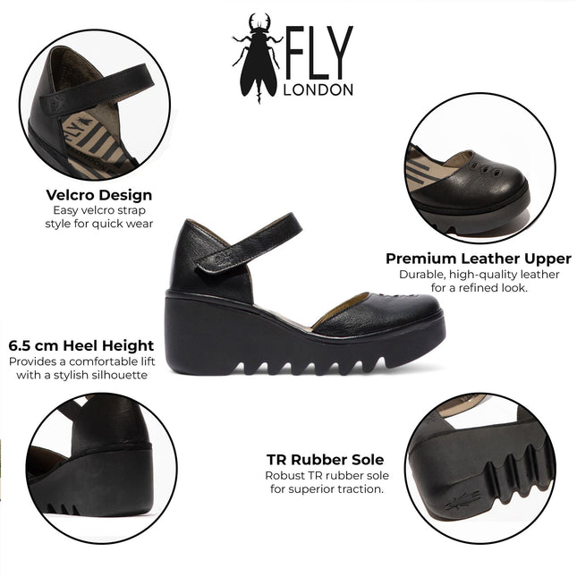 Fly London Women's Black Biso305Fly Mousse Leather Wedge Sandals