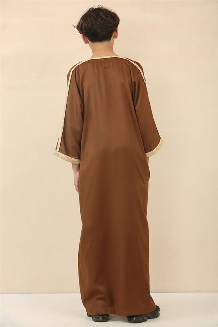 Kid's Boys Brown Moroccan Thobe Jubba Robe Eid Djellaba Gandoura