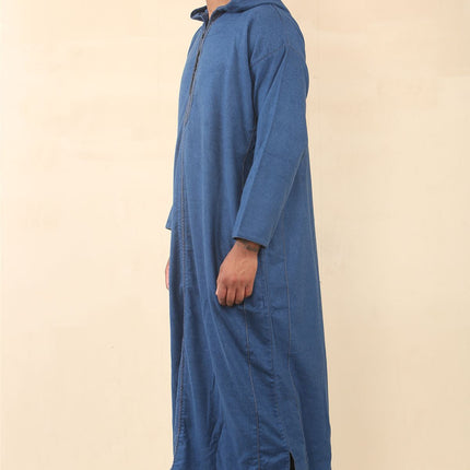 Men's Blue Hooded Moroccan Thobe Djellaba Jubba Robe Eid