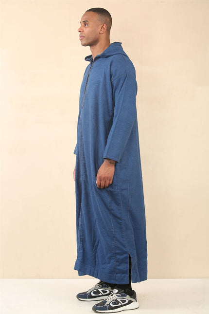 Men's Blue Hooded Moroccan Thobe Djellaba Jubba Robe Eid