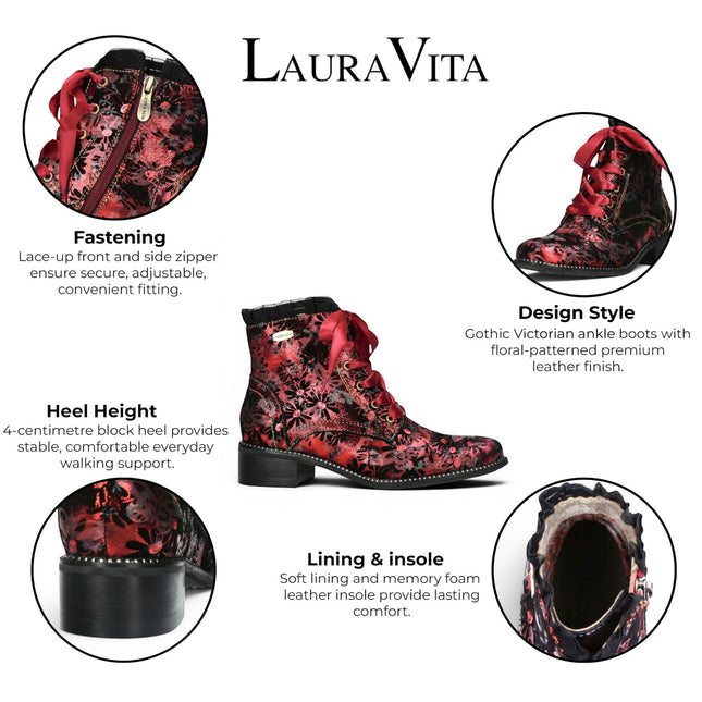 Laura Vita Floral Womens Gothic Victorian Red Leather Ankle Heeled Boots - Emcmao-45