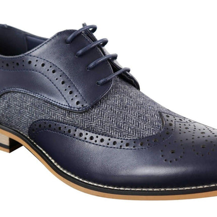 Mens Classic Oxford Tweed Brogue Shoes In Navy Leather