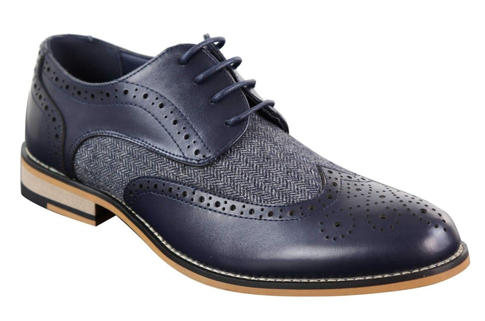 Mens Classic Oxford Tweed Brogue Shoes In Navy Leather
