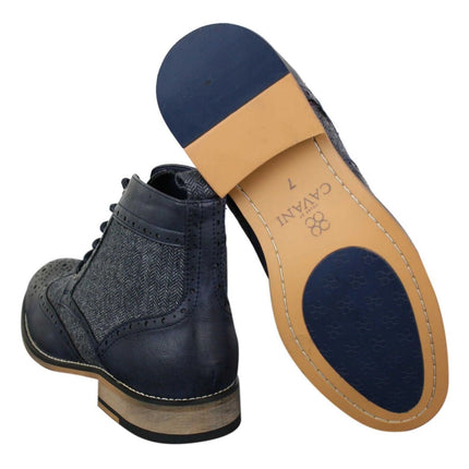 Mens Classic Tweed Oxford Ankle Boots In Navy Leather