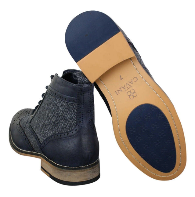 Mens Classic Tweed Oxford Ankle Boots In Navy Leather