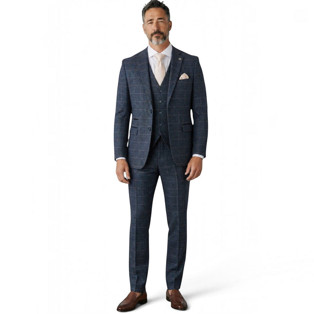 Men's Navy 3 Piece Wool Blend Tweed Suit - Harris