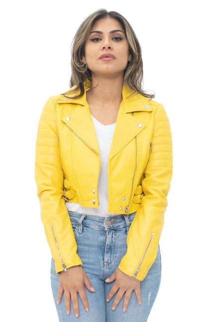 Womens Cropped Brando Leather Biker Jacket-Damascus