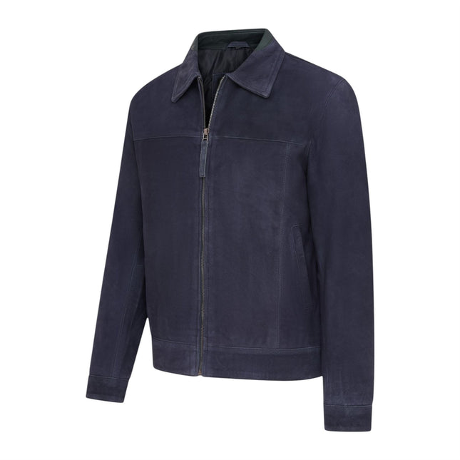 Mens Navy Goat Suede Leather Harrington Biker Jacket - Berlin