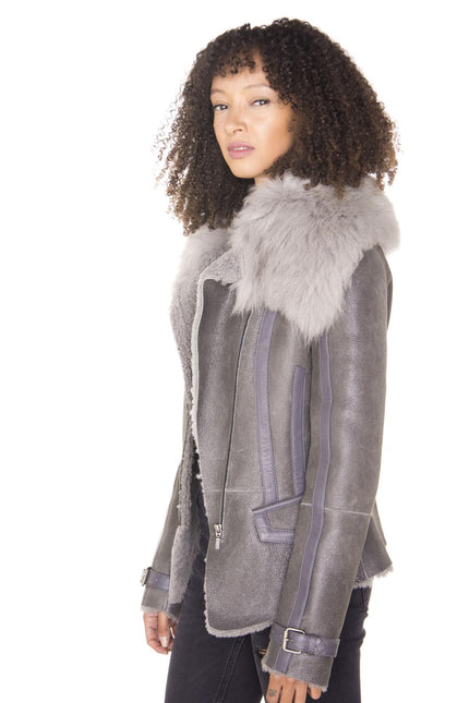 Womens Grey Toscana Shearling Flying Jacket-Teresina