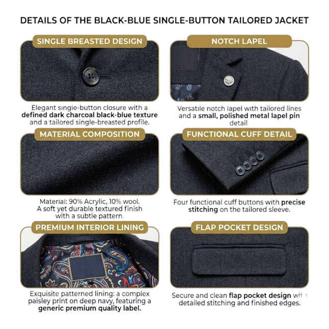 Women's Black Herringbone Wool Tweed Blazer Waistcoat 2 Piece Set - WS-1
