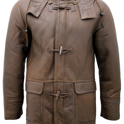 Mens Sheepskin Leather Hooded Duffle Coat-Hanko