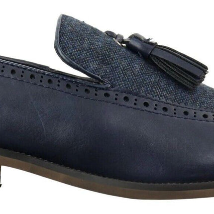 Mens Tasselled Navy Leather Tweed Brogue Slip On Loafers