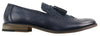 Mens Tasselled Navy Leather Tweed Brogue Slip On Loafers