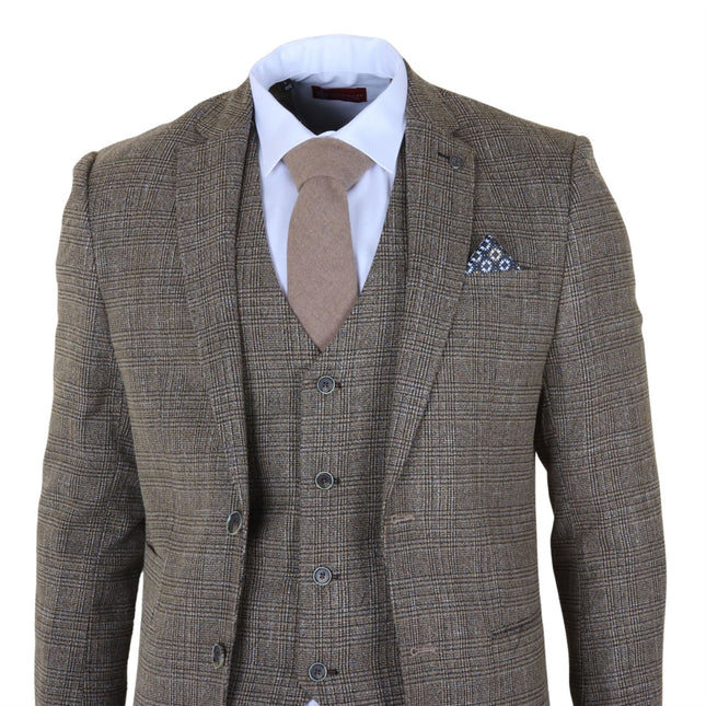 Men's 3-Piece Brown Classic Check Suit Slim Fit Plain Formal Party Suit