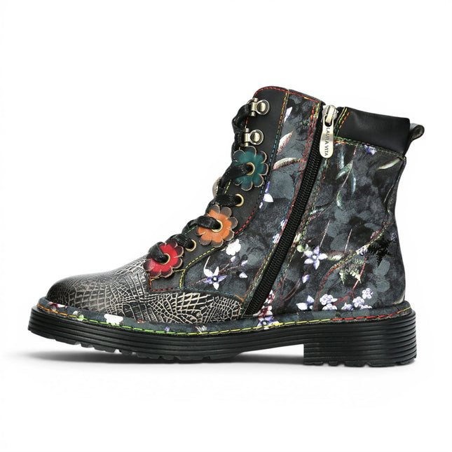 Laura Vita Women's Gothic Victorian Floral Black Leather Lace-Up Boots - Incaso-39