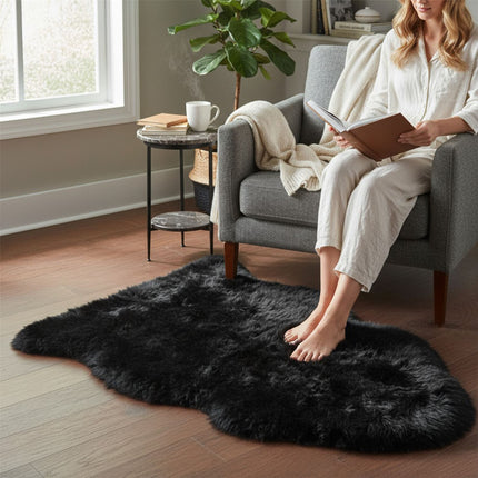 Genuine Black Sheepskin Natural Silky Soft Fluffy Real Wool Rug