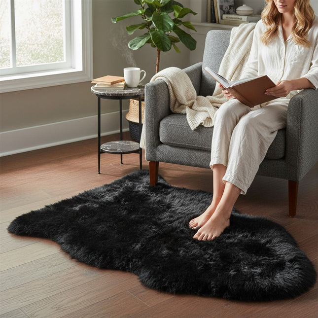 Genuine Black Sheepskin Natural Silky Soft Fluffy Real Wool Rug