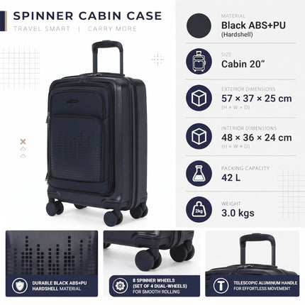 Hybrid ABS+PU Black Cabin Suitcase 57x37x25cm 8 Wheel Front Pocket Luggage
