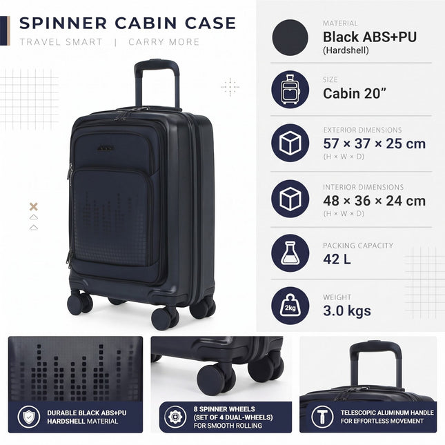 Hybrid ABS+PU Black Cabin Suitcase 57x37x25cm 8 Wheel Front Pocket Luggage