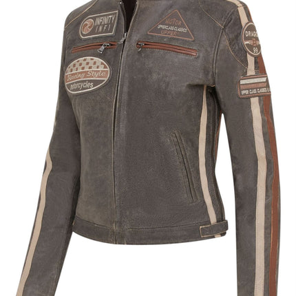 Womens Biker Racing Badges Leather Jacket-Eastleigh
