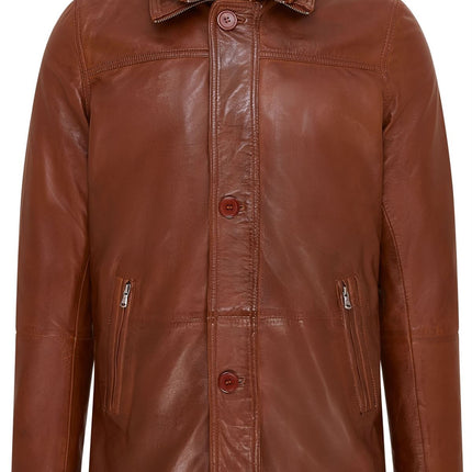 Mens Leather Jacket Classic Trench Coat with Removable Collar Mid Length Warm Overcoat