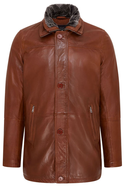 Mens Leather Jacket Classic Trench Coat with Removable Collar Mid Length Warm Overcoat