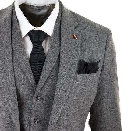 Mens 3 Piece Dark Grey Herringbone Wool Tweed Retro Suit